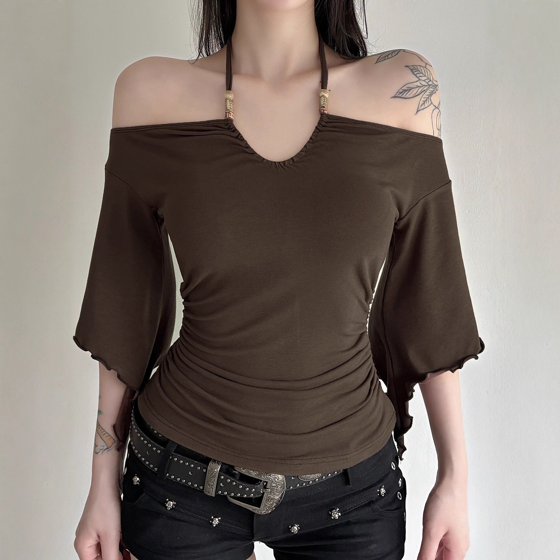 American-style Vintage Off-shoulder Figure-hugging Beaded Halter Womens Blouse