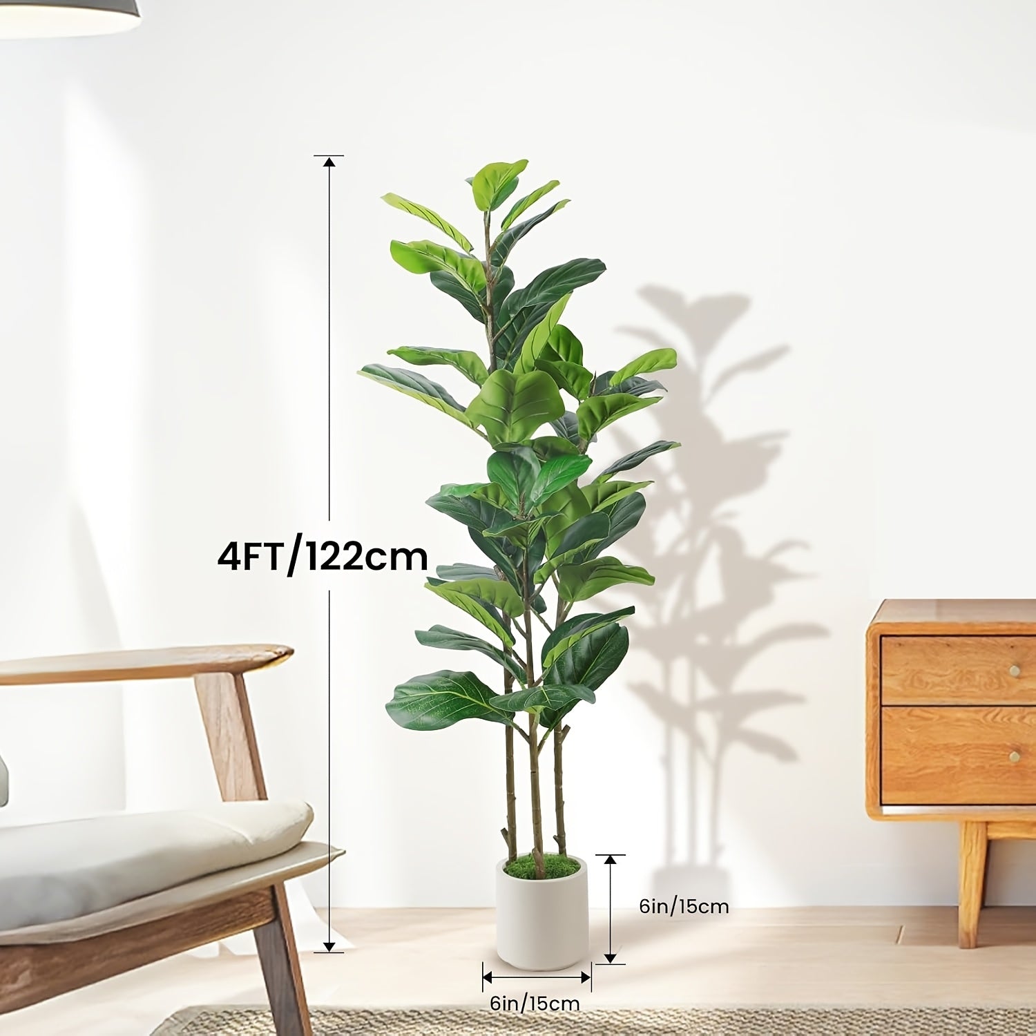 4 to 6 foot tall artificial fiddle leaf fig tree with white planter