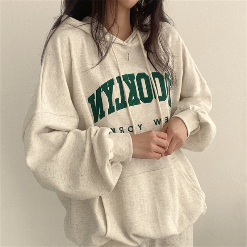 American Style Letter Print Fleece Pullover Hoodie