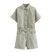 Lapel Multi-color Short Sleeve Denim Jumpsuit