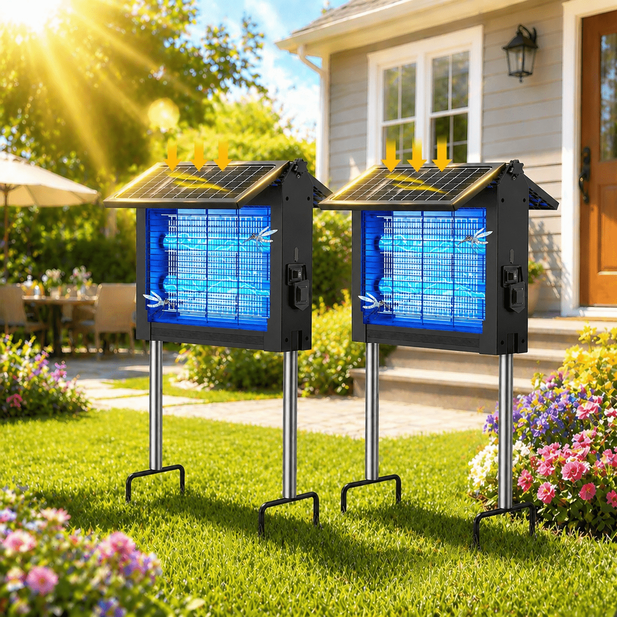 Outdoor Solar Bug Zapper – 4500V Dual Solar Panel & USB Rechargeable Insect Trap, IPX4 Waterproof
