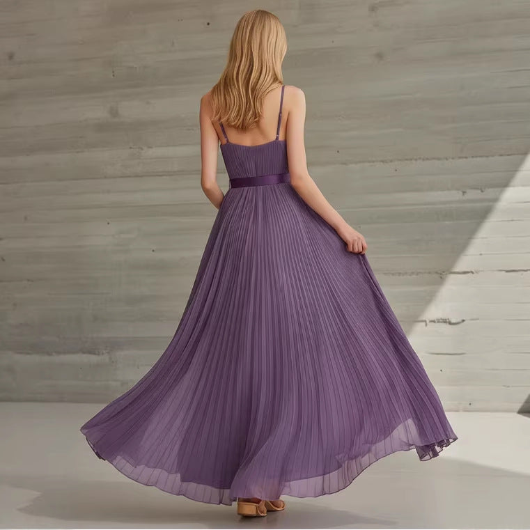 Vintage Purple Chiffon Pleated V-neck Long Dress with Belt