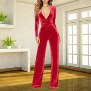 Women's Velvet Long-Sleeve Wide-Leg Jumpsuit