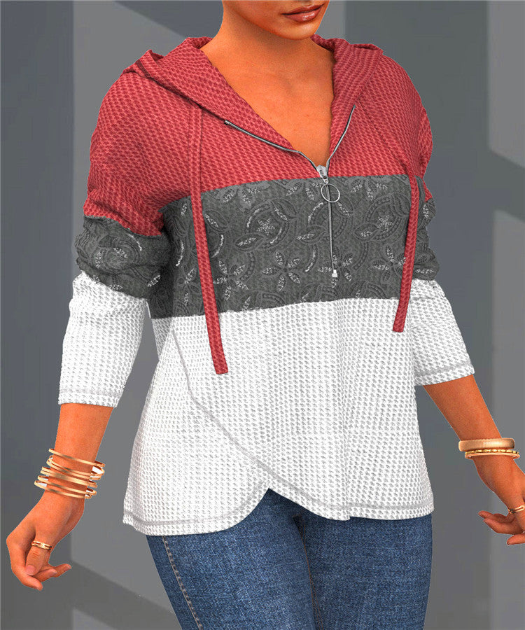 Women's Colorblock Hooded Zipper Sweater
