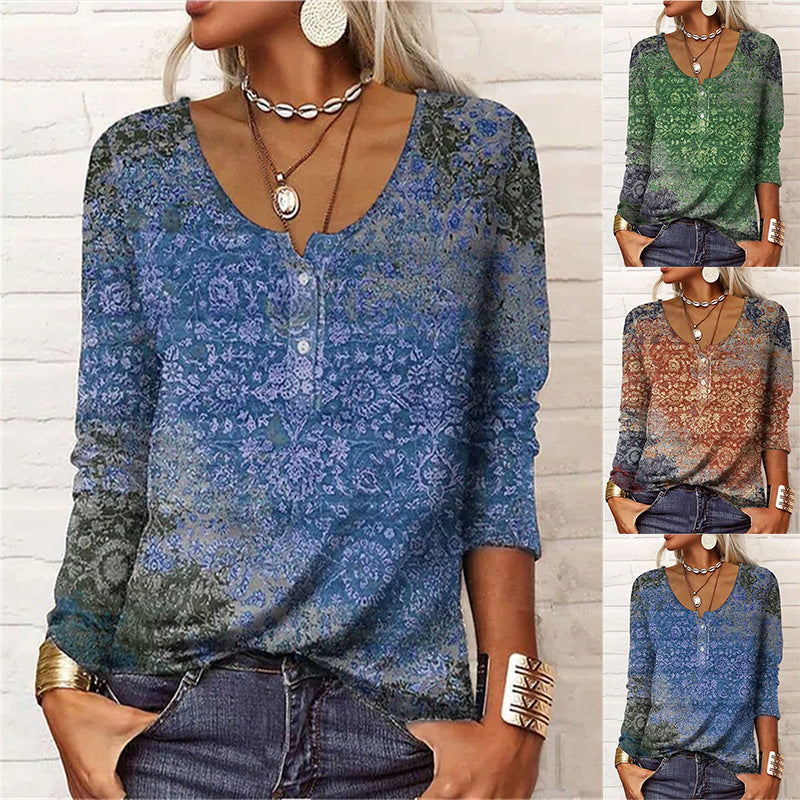 Geometric Floral U-Neck Long-Sleeve Button Tee