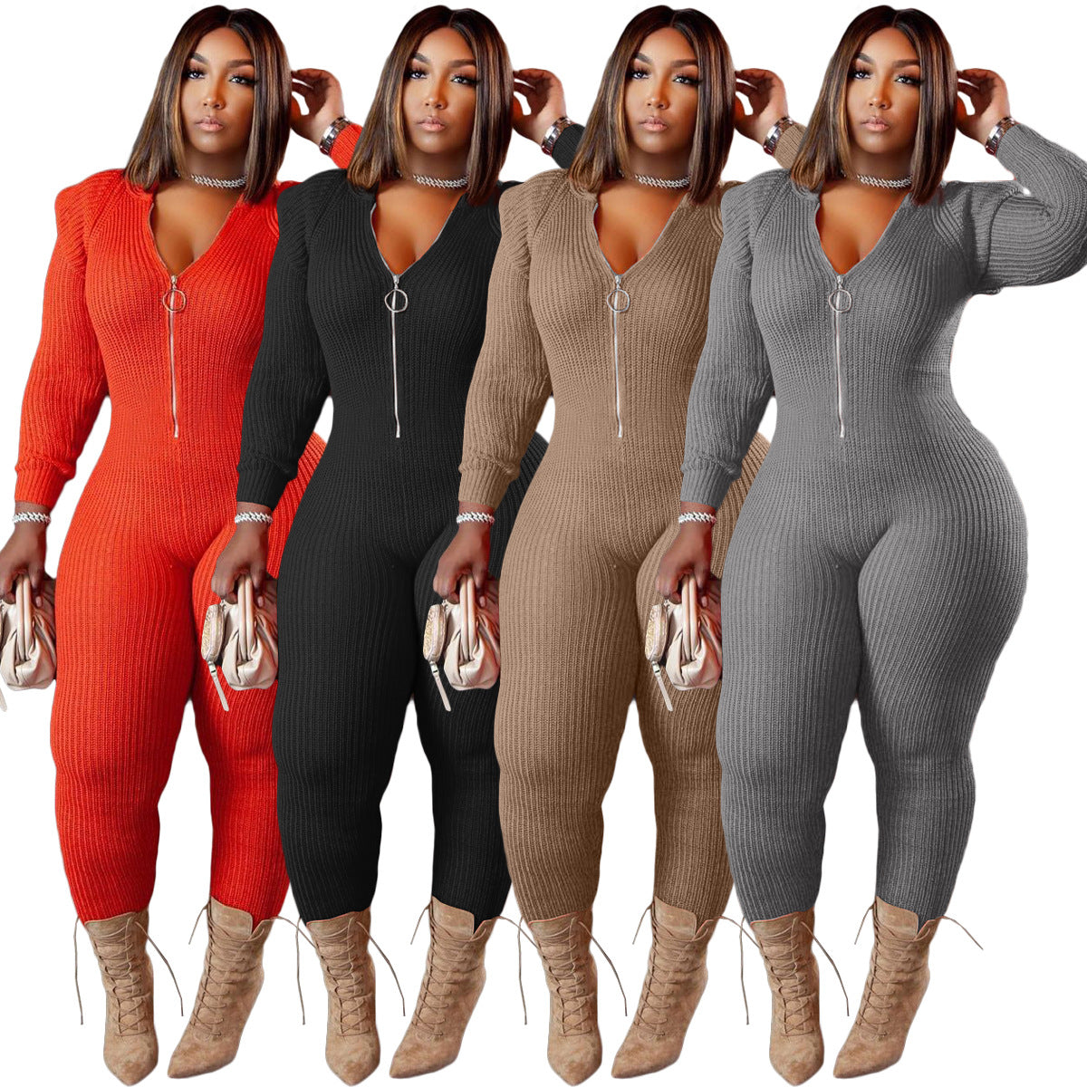 Women's Fall Winter Fashion Knitted Wool Padded Shoulder Hooded Jumpsuit