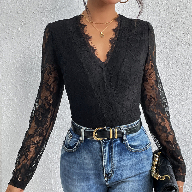 Lace V-Neck Slim Fit Long-Sleeve Romper