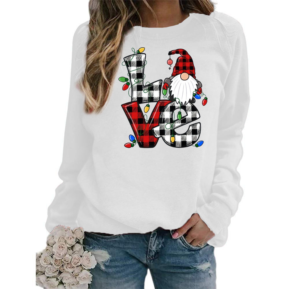 European And American Santa Claus Plaid Love Printed Round Neck Long Sleeve Sweater Coat Ladies