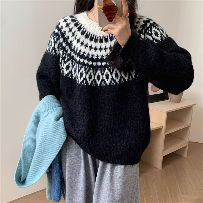 New Round Neck Loose Slimming Christmas Style Knitwear Top