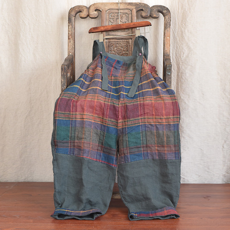 Chic Linen Patchwork Suspender Pants for Women