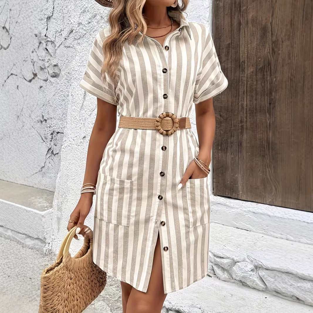 Loose-fit Striped Elegant Single-breasted Dress