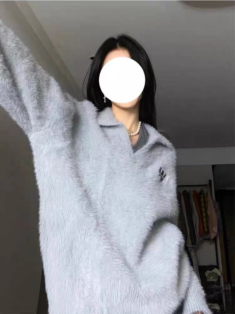 Cozy Imitation Mink Velvet Polo Collar Knit Sweater