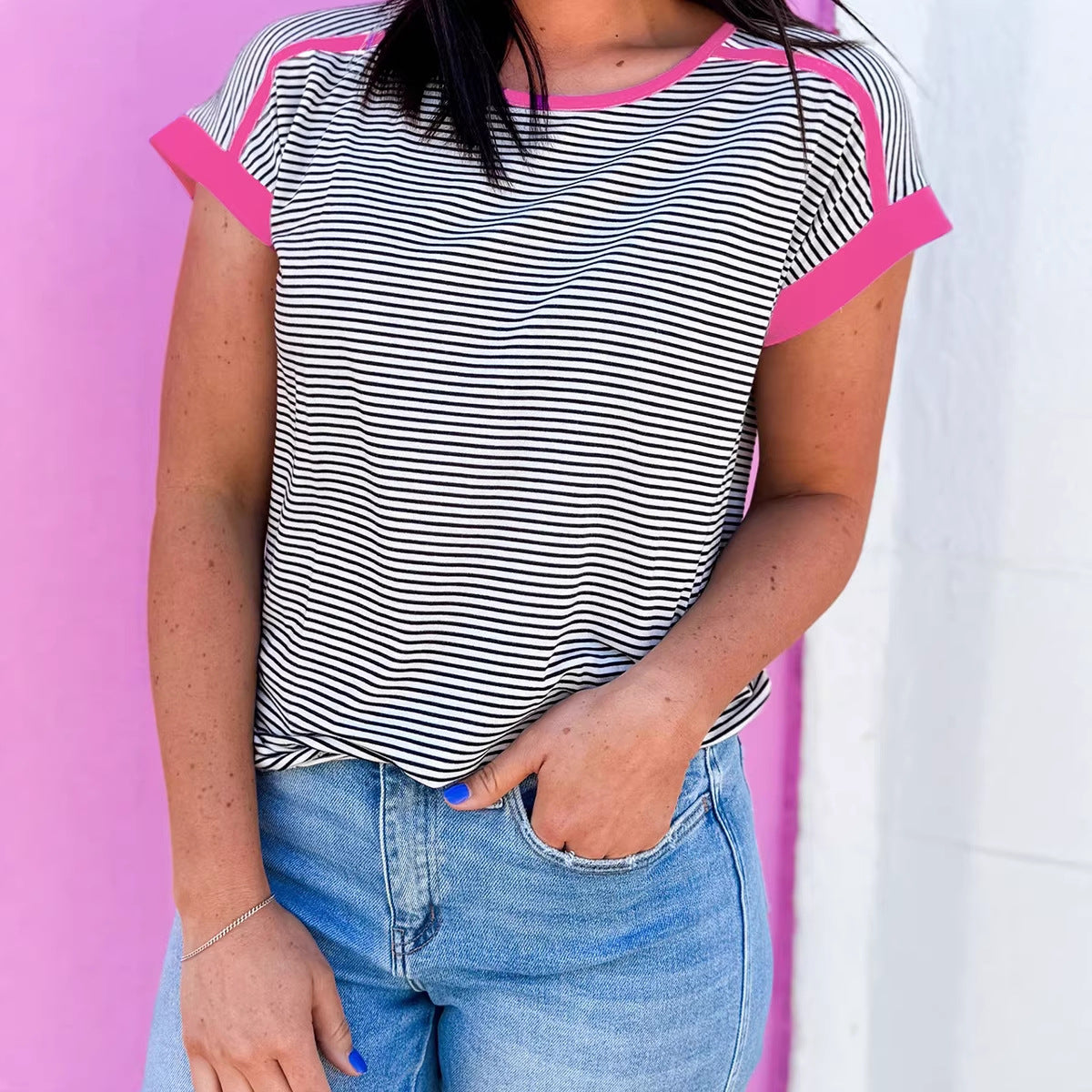 Striped Color‑Block Short Sleeve T‑Shirt – Loose Fit Cotton