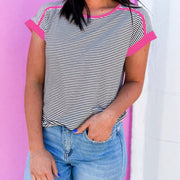 Striped Color‑Block Short Sleeve T‑Shirt – Loose Fit Cotton