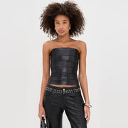 Black PU Leather Tube Top – Strapless Open-Back Zipper