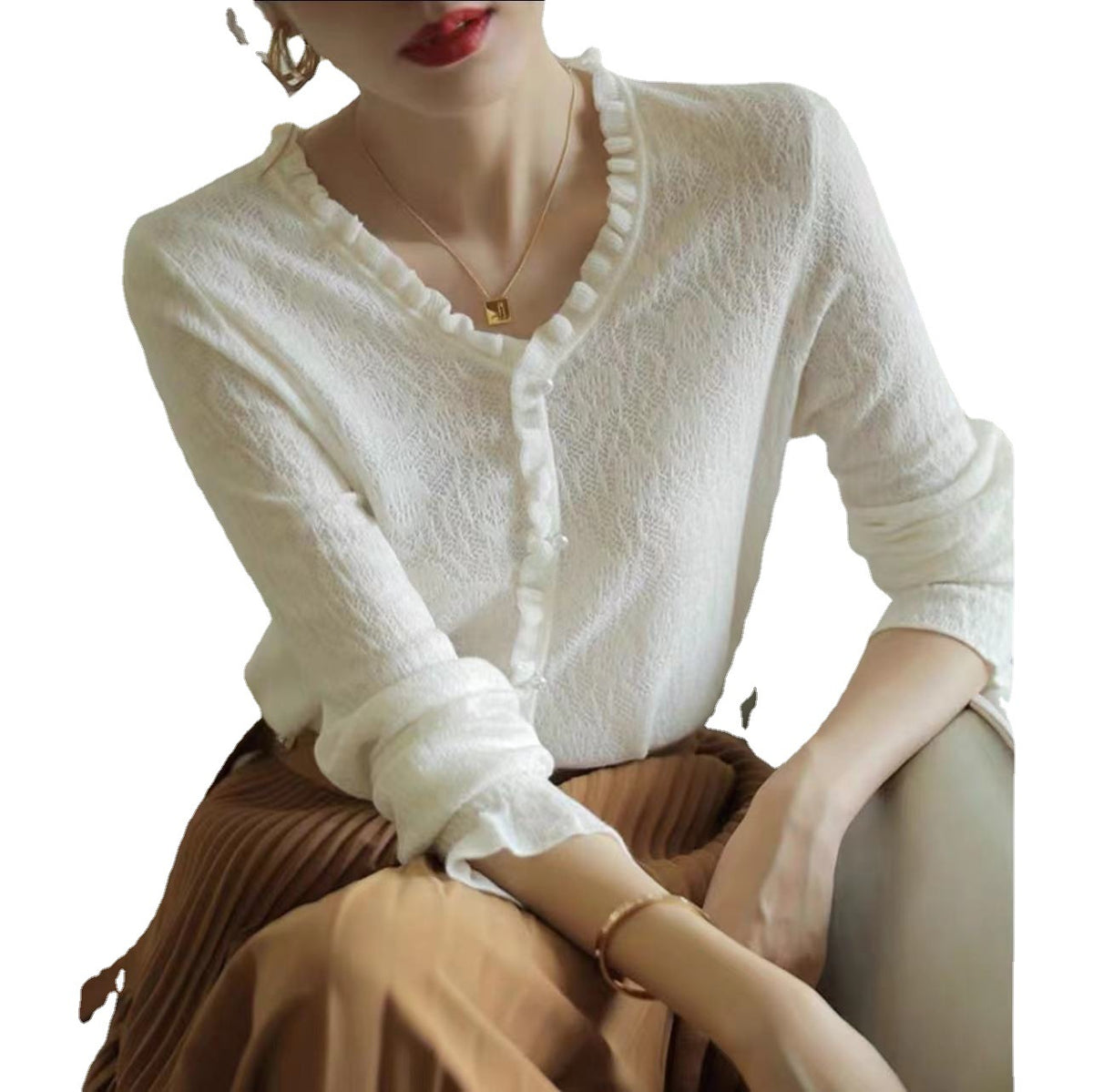 High-grade Hollow-out Lace V-neck Thin Sweater