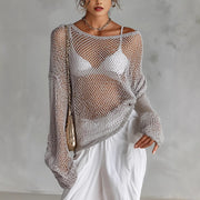 Long-sleeve Sexy Hollow-out Beach Cover-up Sheer Versatile Knit Top