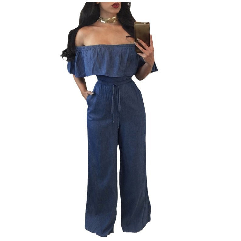 Women's Sexy Wide-Leg Denim Ruffled Jumpsuit