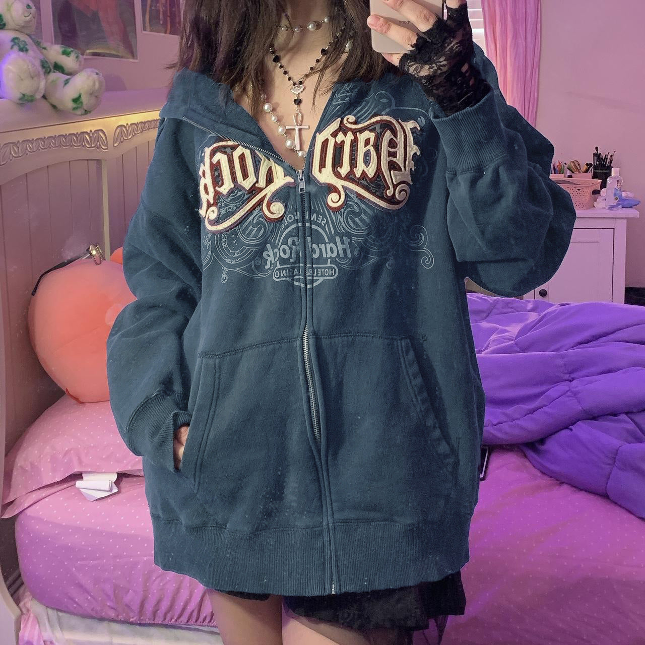 Letter Embroidered Zip-Up Cardigan Sweater Coat