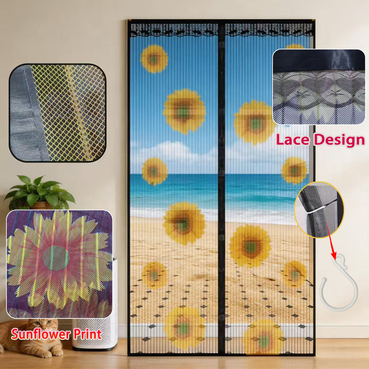 Magnetic Screen Door, Sunflower Print Mesh Curtain with Lace Edge, Hands-free Self-closing Insect Mosquito Net, Keep Bugs Out Pet Friendly, Fits Single Door for Home Patio Kitchen Doorway
