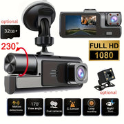 1080P Triple Camera Dash Cam - Infrared Night Vision Dash Camera For Cars, 170° Wide Angle & Built-In Audio - Includes 32GB Card, Loop Recording, G-Sensor - Perfect Vehicle Safety Camera 24 Hours P...
