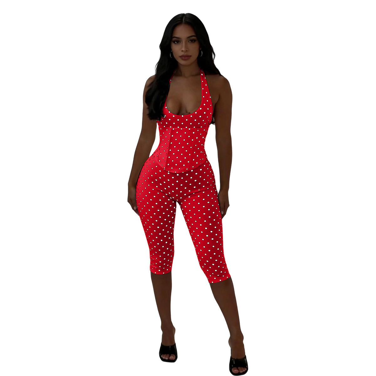 Womens Halterneck Polka-Dot Fishbone Zipper-Waist Cropped Jumpsuit