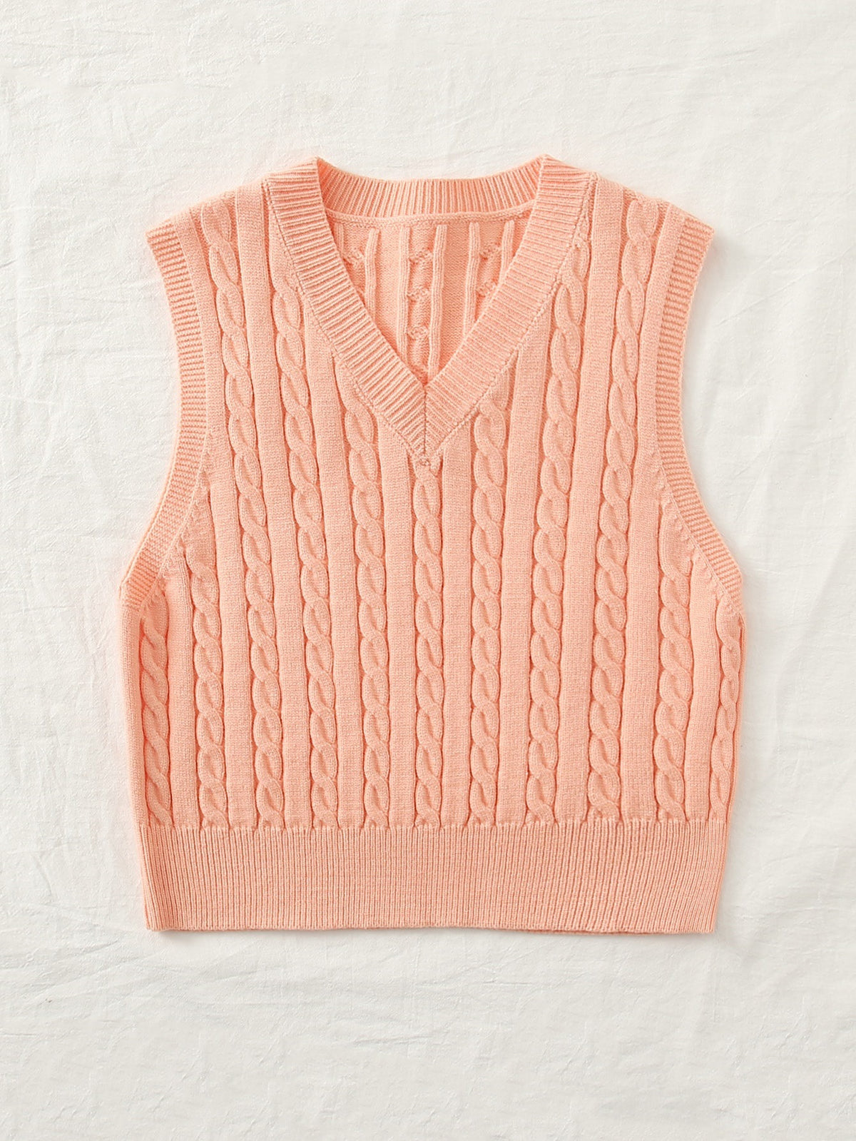 Springsummer Knitted Cabled Vest Pullover with V-neck