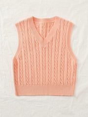 Springsummer Knitted Cabled Vest Pullover with V-neck