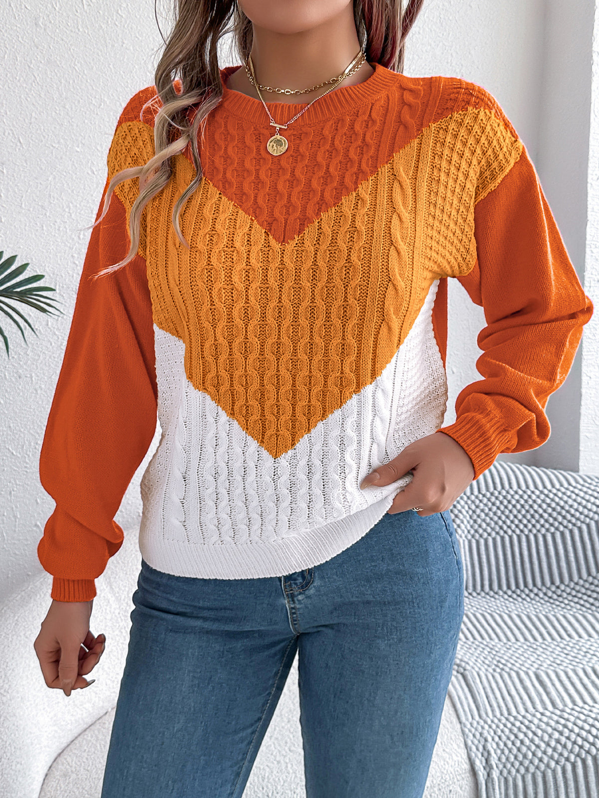 Women Casual Color Block Cable Knit Lantern Sleeve Pullover Sweater