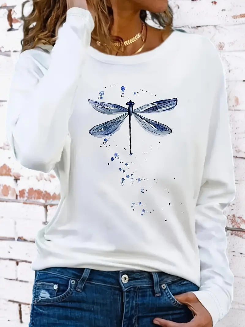 Women's Dragonfly Print Casual Long Sleeve Pullover Sweatshirt