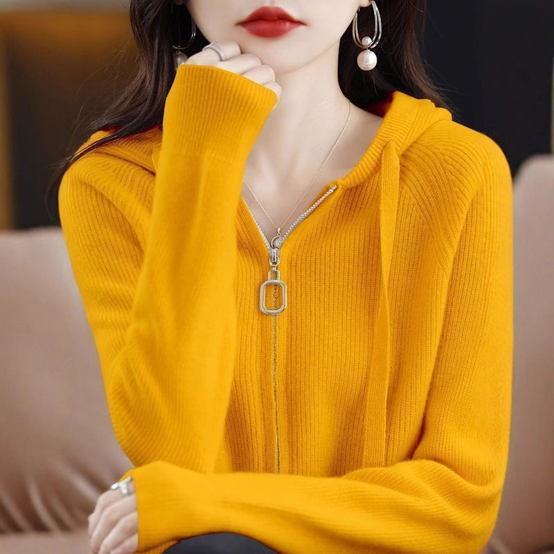 Womens Loose-fit Zip-up Hooded Outer Sweater
