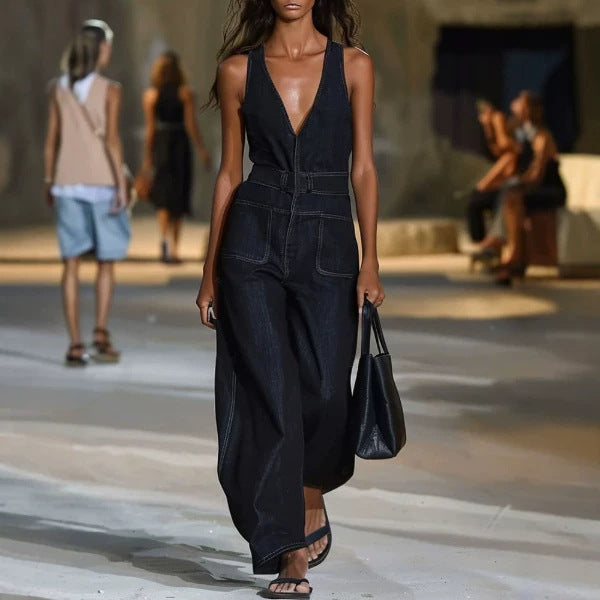 Deep-V Sleeveless Denim Wide-Leg Jumpsuit