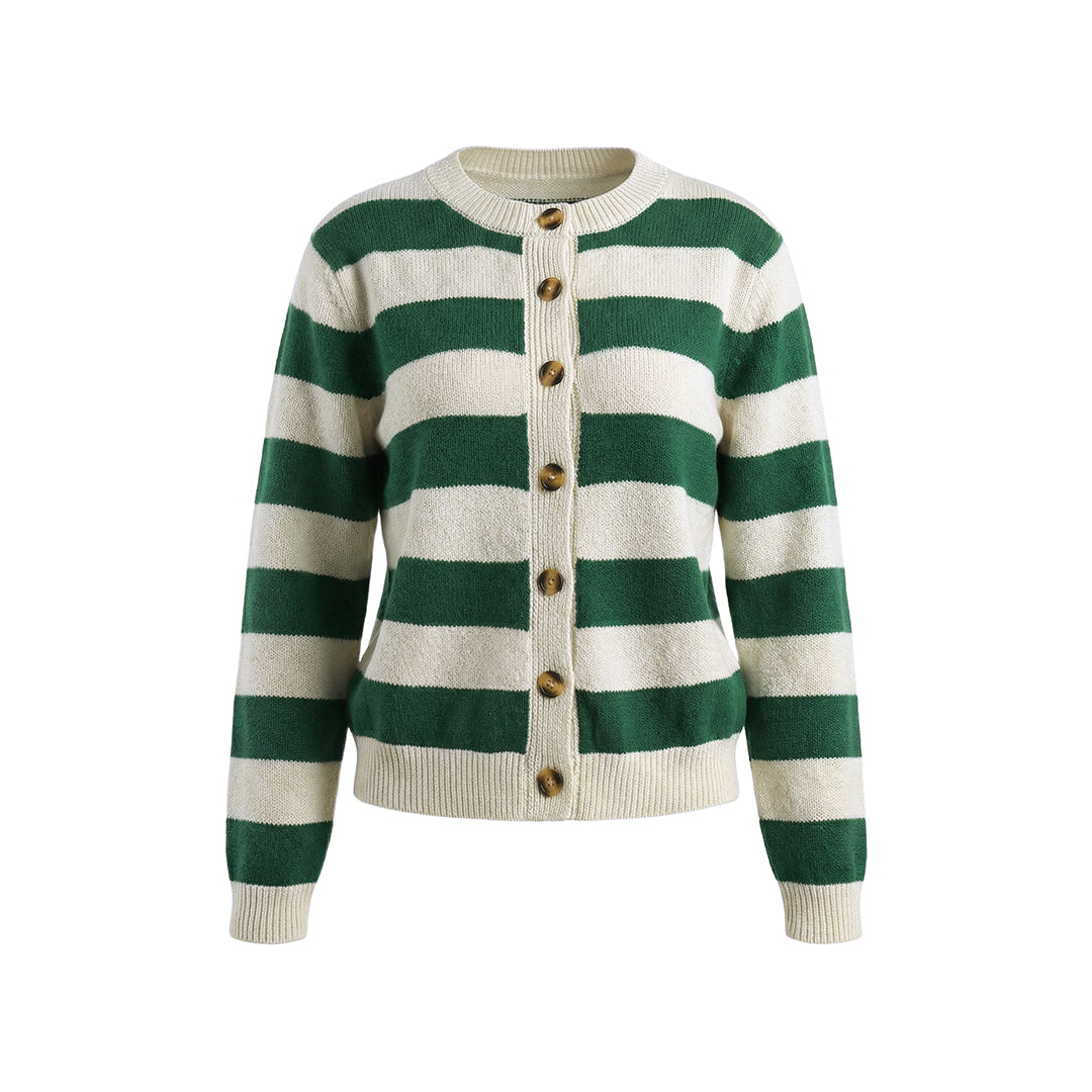 Women's Striped Knit Cardigan Green White Crewneck Button Up Sweater Casual Long Sleeve Knitwear