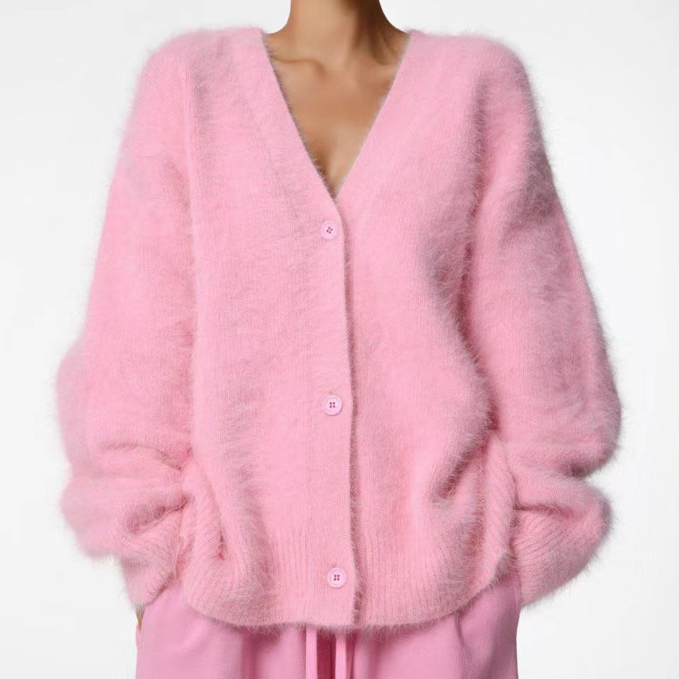 Cross-border Hot Sale Spring And Autumn Imitation Marten Cardigan Women Idle Style Loose Sweater Coat Soft Long-sleeved Sweater Women