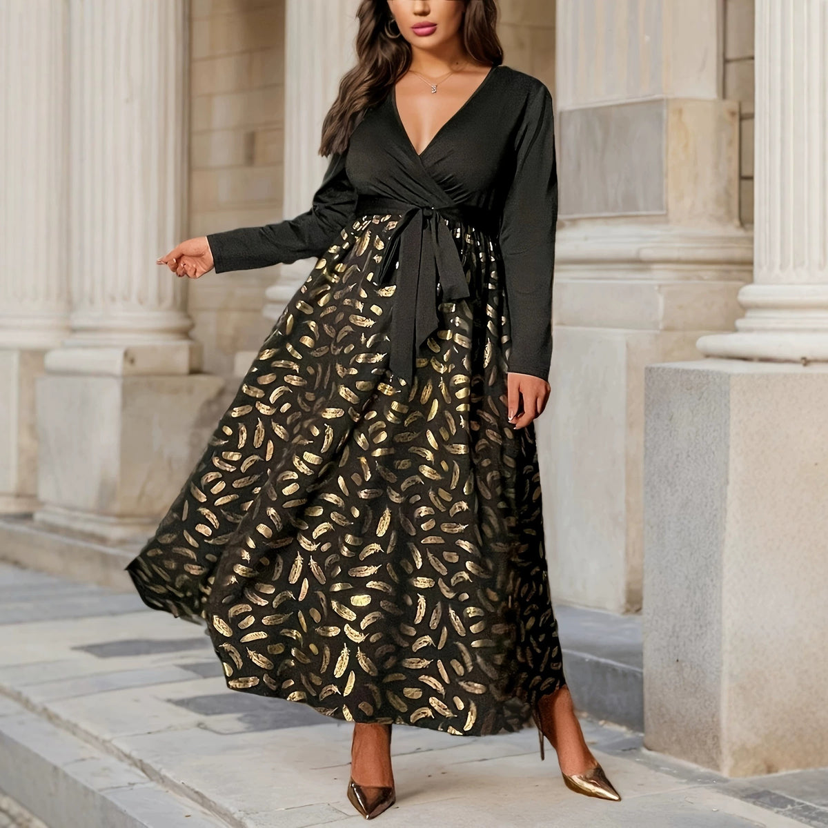 Autumn New Arrival Elegant V-neck Printed Mid-length Lace-up Dress