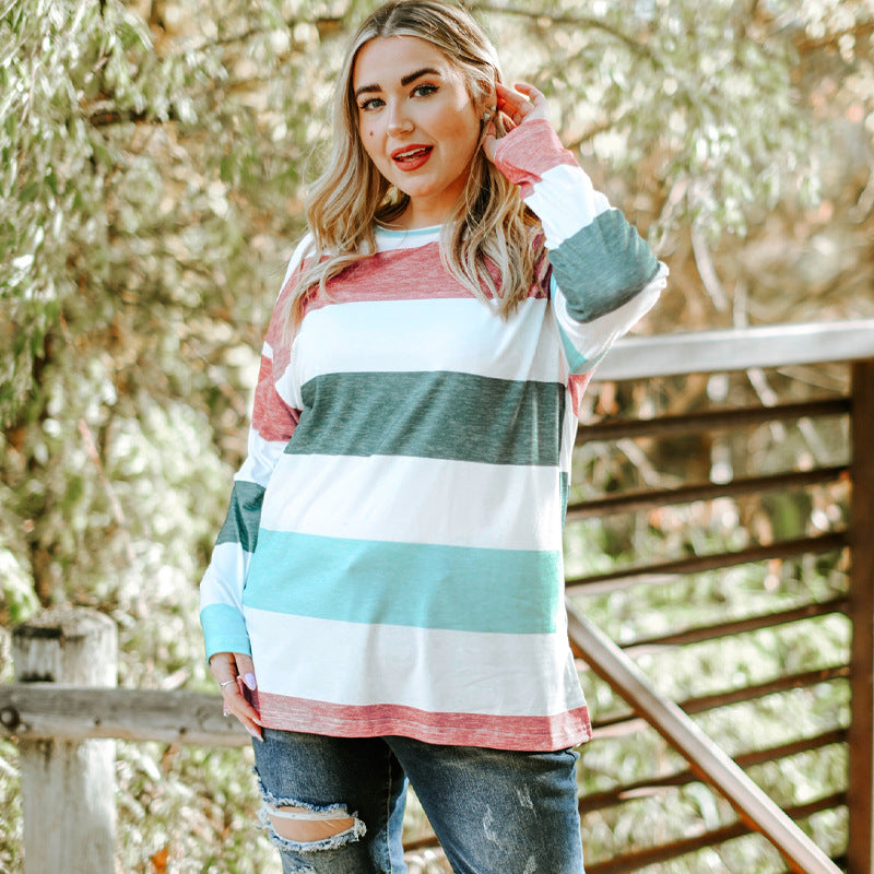 Plus Size Green Color Block Loose Long Sleeve Top