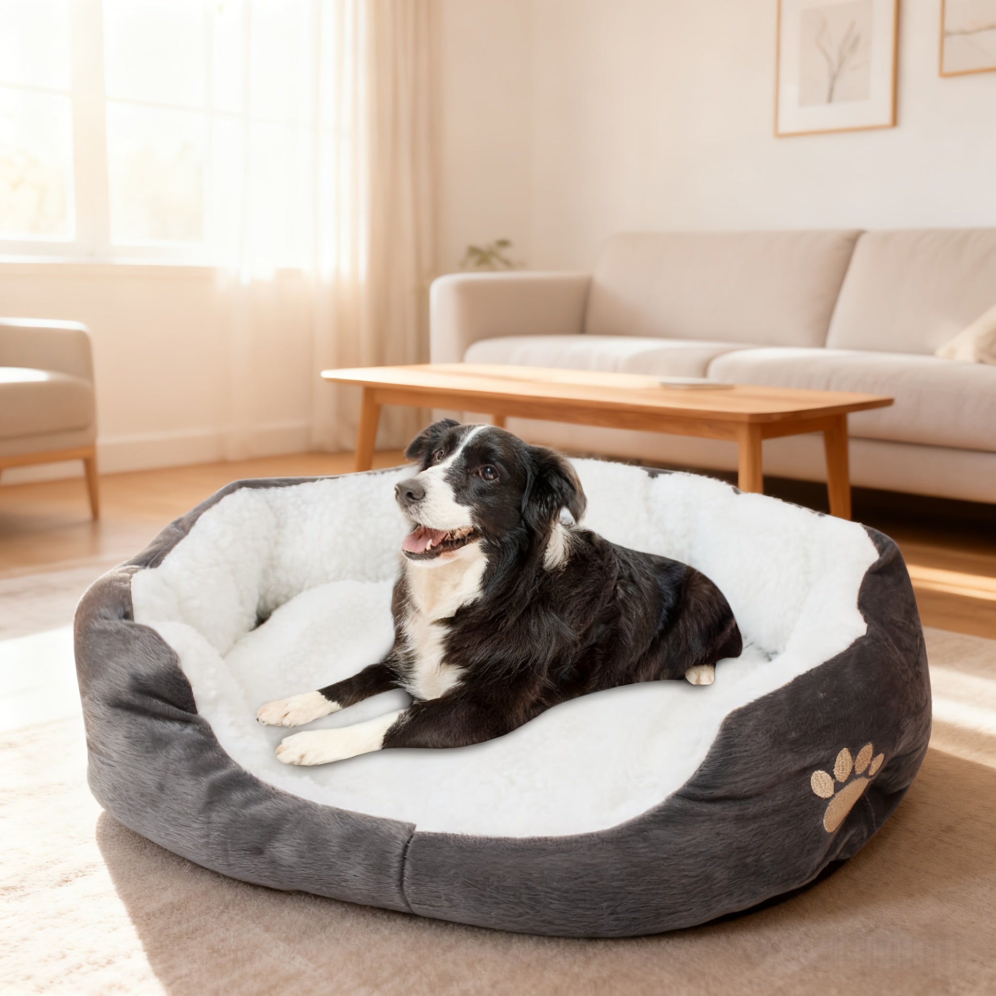 Ultra Soft Plush Dog Bed for Small/Medium Dogs - Cozy Oval Pet Cave with Washable Cover, Grey & Pink Trim, Durable & Polyfill Bedding, Warm Comfortable Indoor Sleeping Nest for