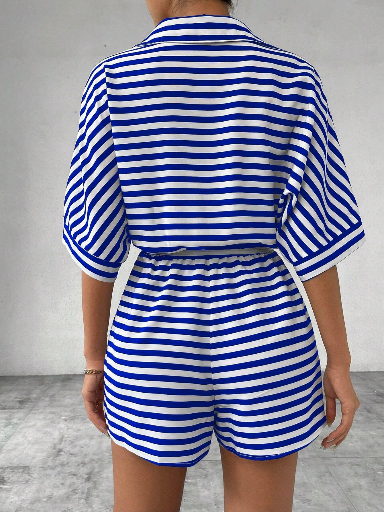 Summer Striped Lapel Belted Jumpsuit
