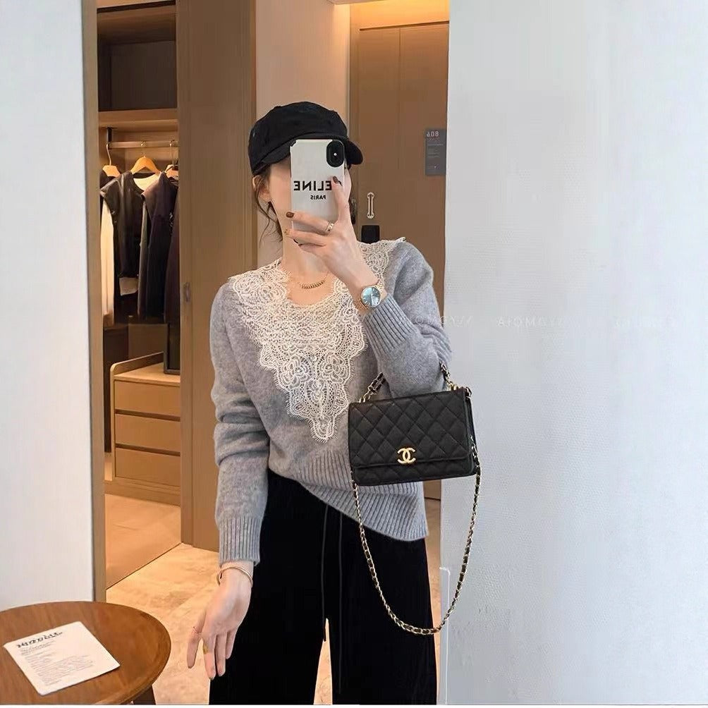 New Soft Creamy Lace-embellished Long-sleeve Sweater with a Pure Yet Seductive Vibe