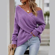 Solid-color Cross V-neck Womens Sweater