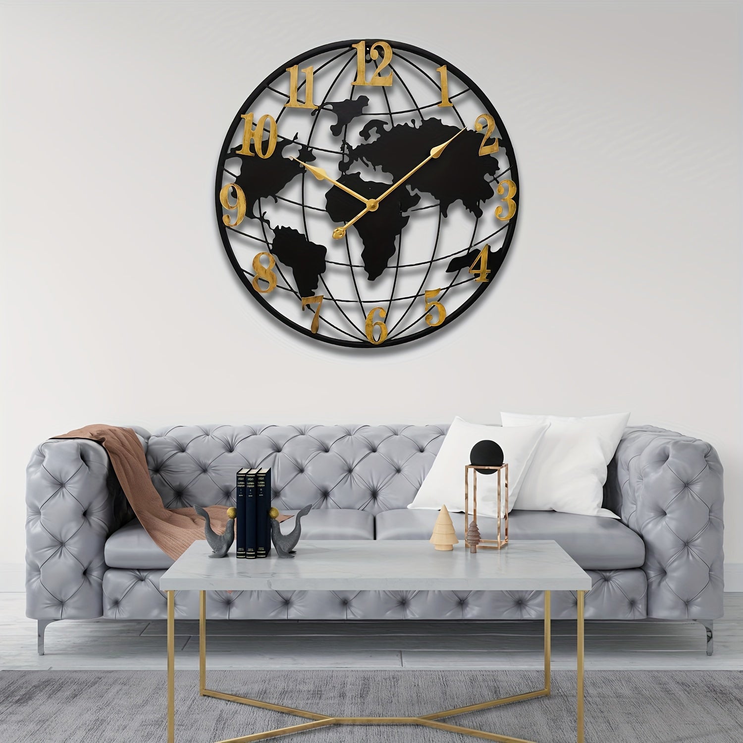 24inch World Map Metal Wall Clocks Morden Large Decorative Clock Oversized Farmhouse Decor, Non Ticking, Battery Operated