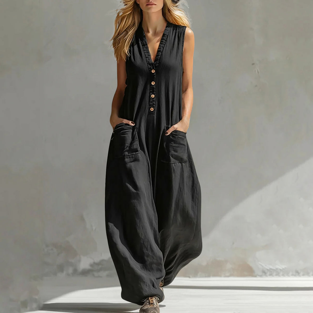 Women's Casual Linen-Cotton Sleeveless Pocket Jumpsuit