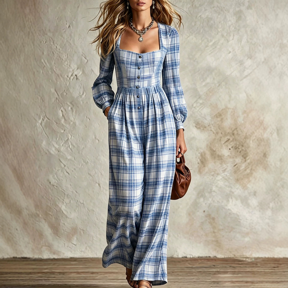 Womens Plaid Waist-Cinching Wide-Leg Jumpsuit