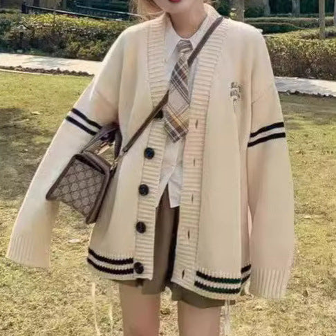 Korean-style V-neck Color-block Striped Elegant Sweater