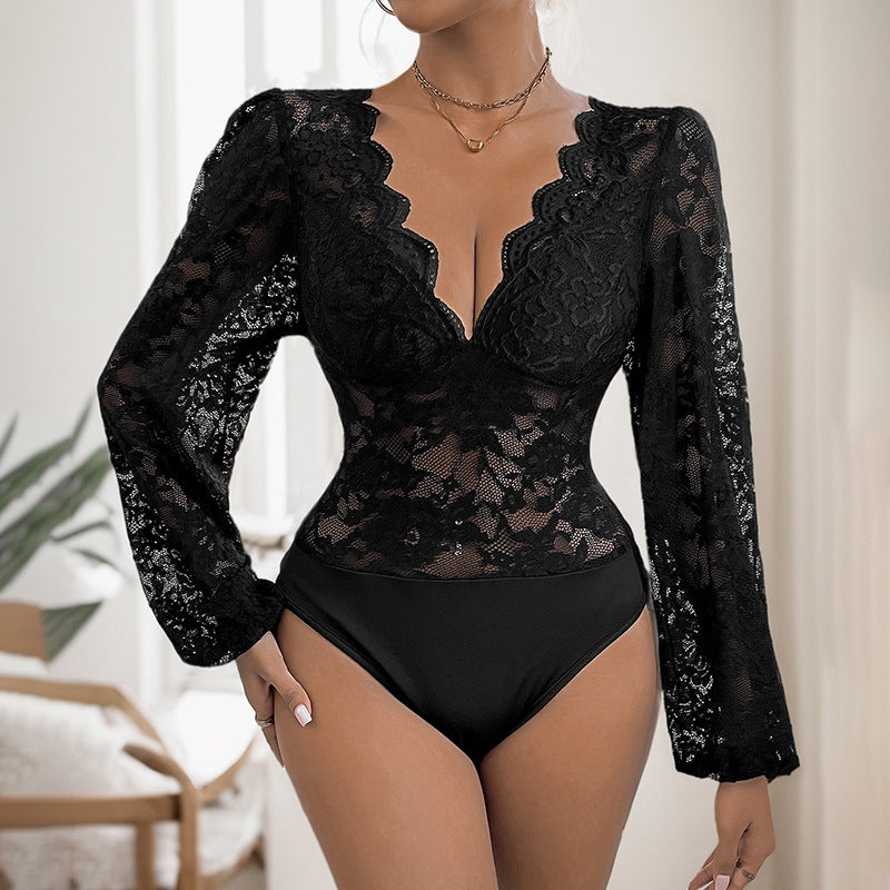 V-Neck Lace Long Sleeve Fitted Romper