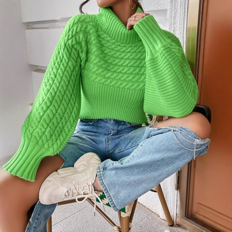 Womens Solid-color Knitted Sweater with Cable Knit and Ribbed Texture