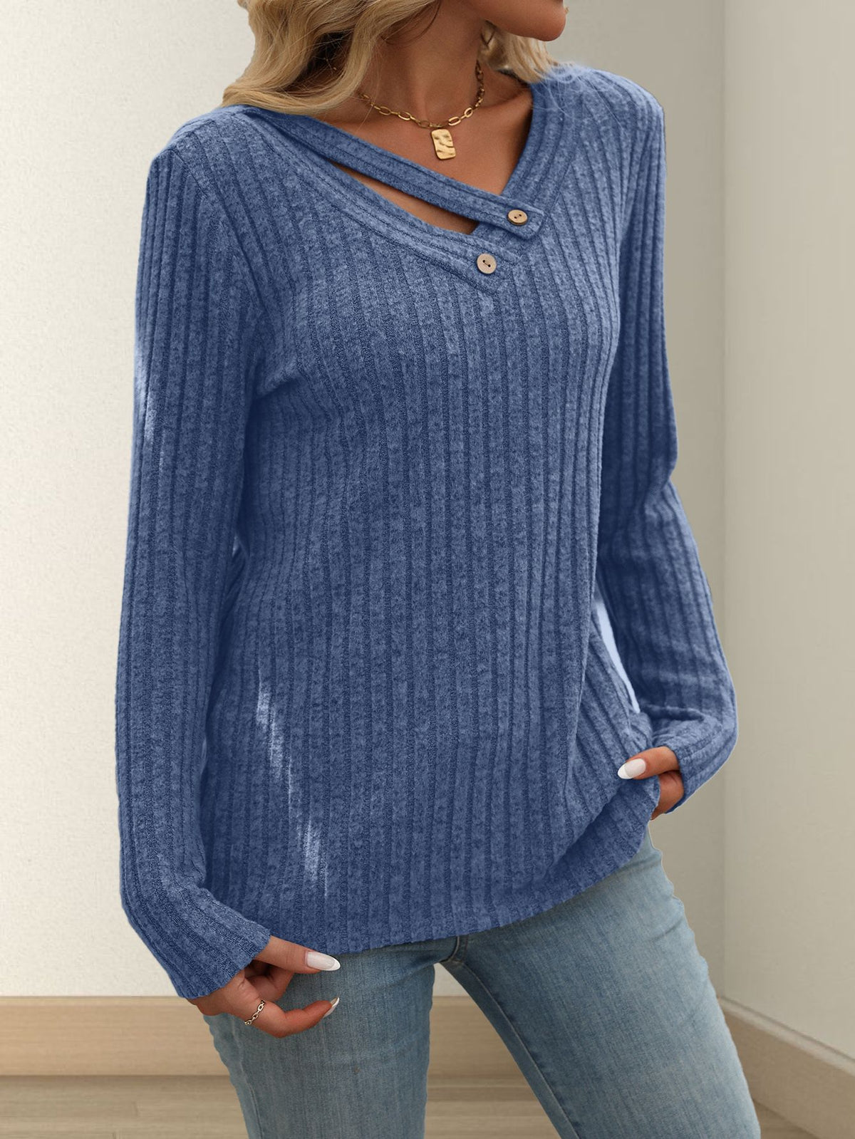 Solid-color V-neck Long-sleeve Knit Top with Buttons