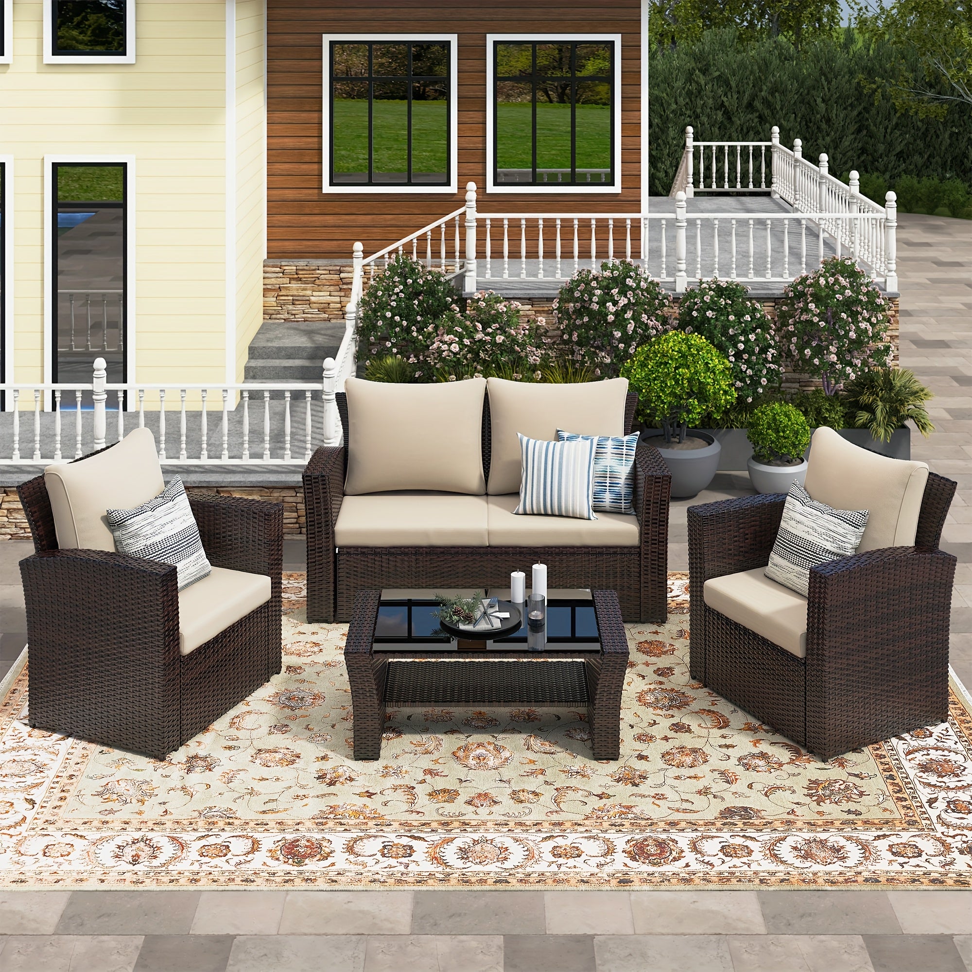Patio Furniture Sets 4pcs Outdoor Wicker Sofa, Waterproof, UV, Wear-Resistant PE Rattan, Handmade, Modern Simple Courtyard Furniture, Suitable for Patio, Villa, Balcony, Tavern, Swimming Pool