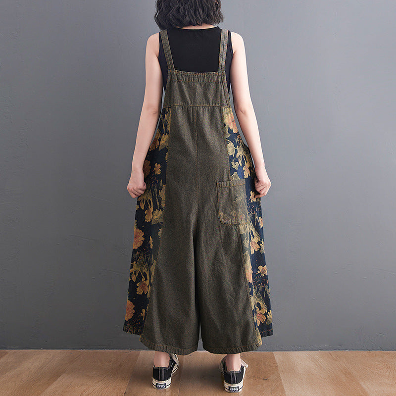 Korean Style Plus Size Fat Sister Printed Denim Wide Leg Suspender Pants