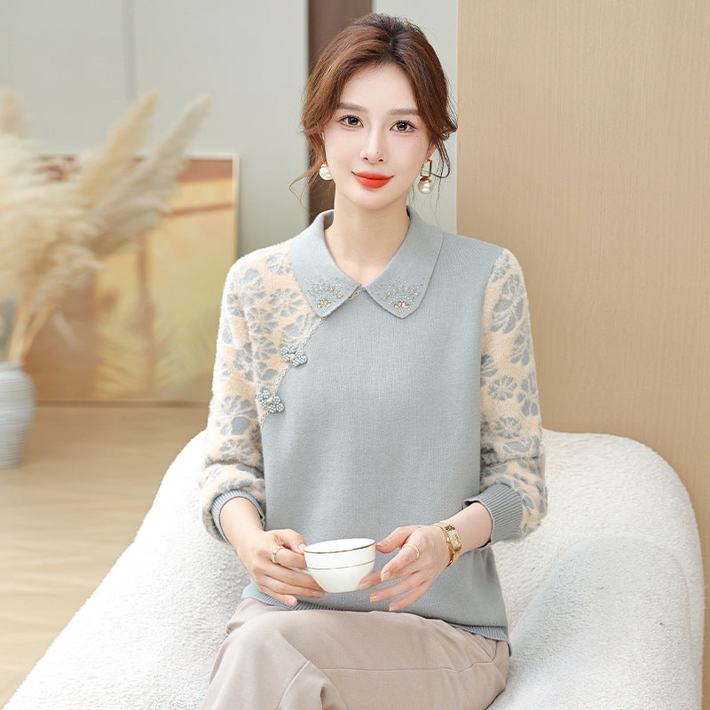 Womens Knitted Fleece Jacquard Polo-neck Sweater for Layering